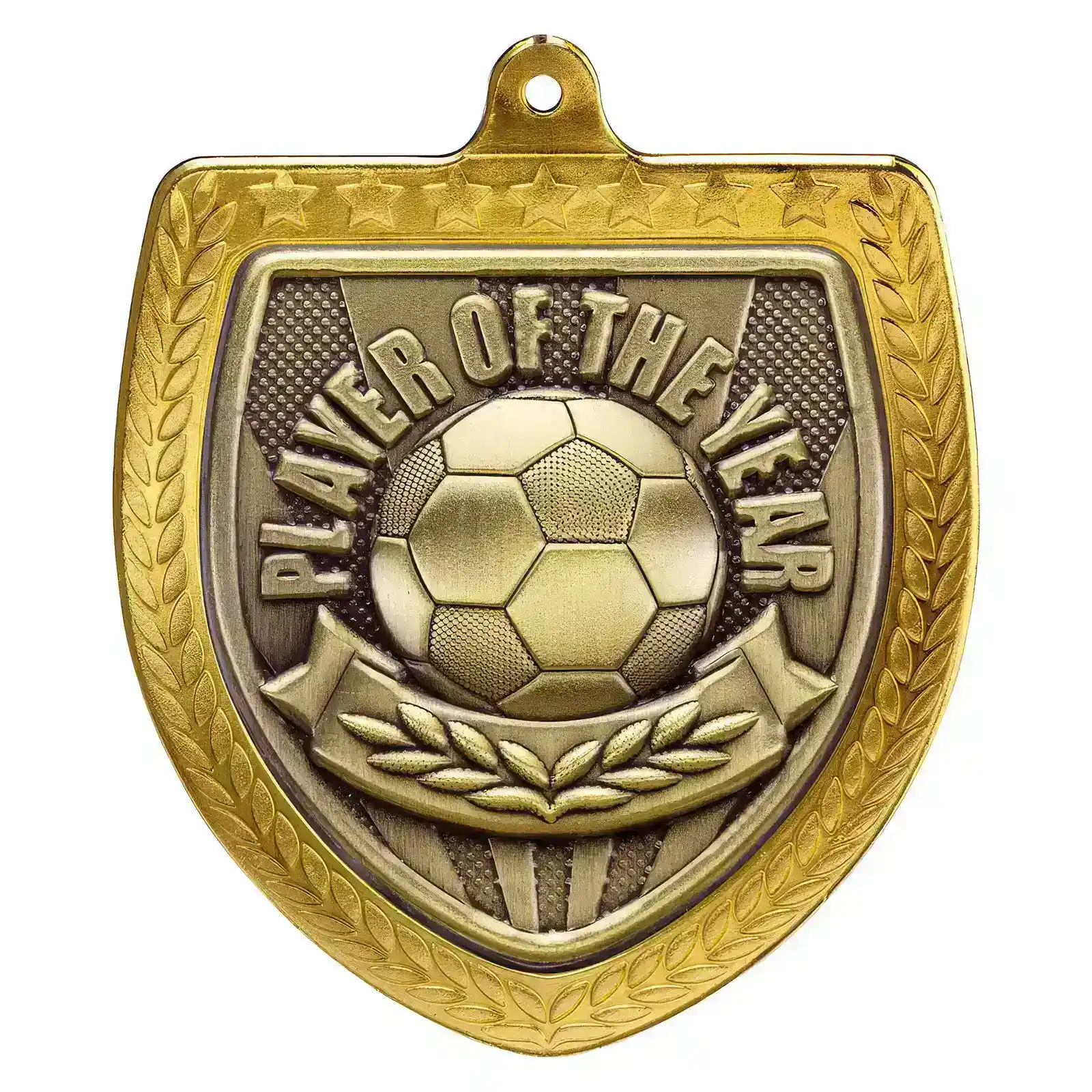 MM25111G Cobra Football Player of the Year Shield Medal Gold 75mm - Image 1