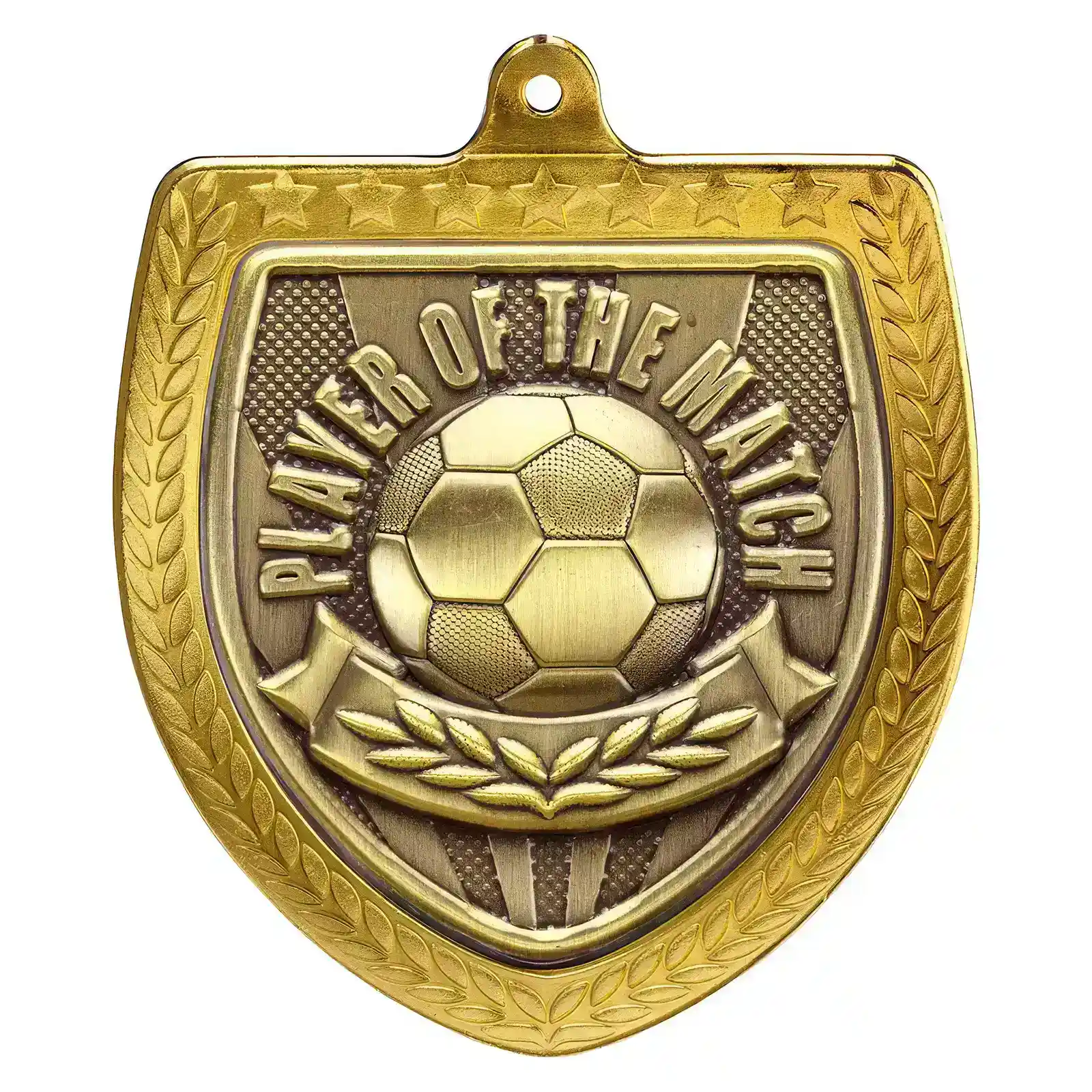 MM25113G Cobra Football Player of the Match Shield Medal Gold 75mm - Image 1