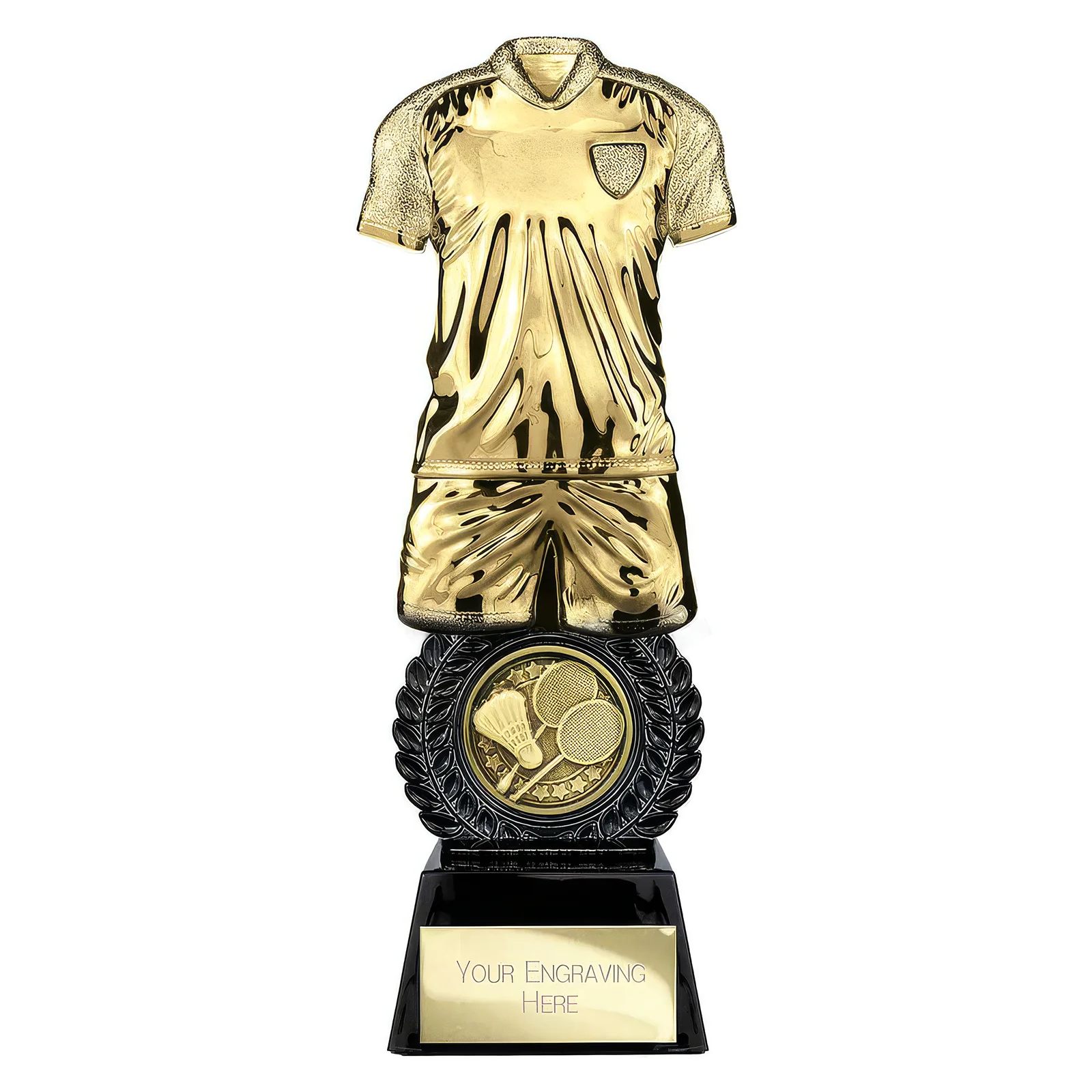 PT25036A Intensity Badminton Award Gold & Carbon Black 260mm - Image 1