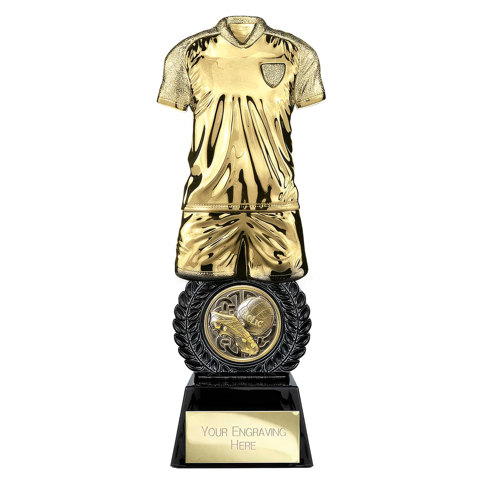 PT26016A Intensity Gaelic Football Award Gold & Carbon Black 260mm - Image 1