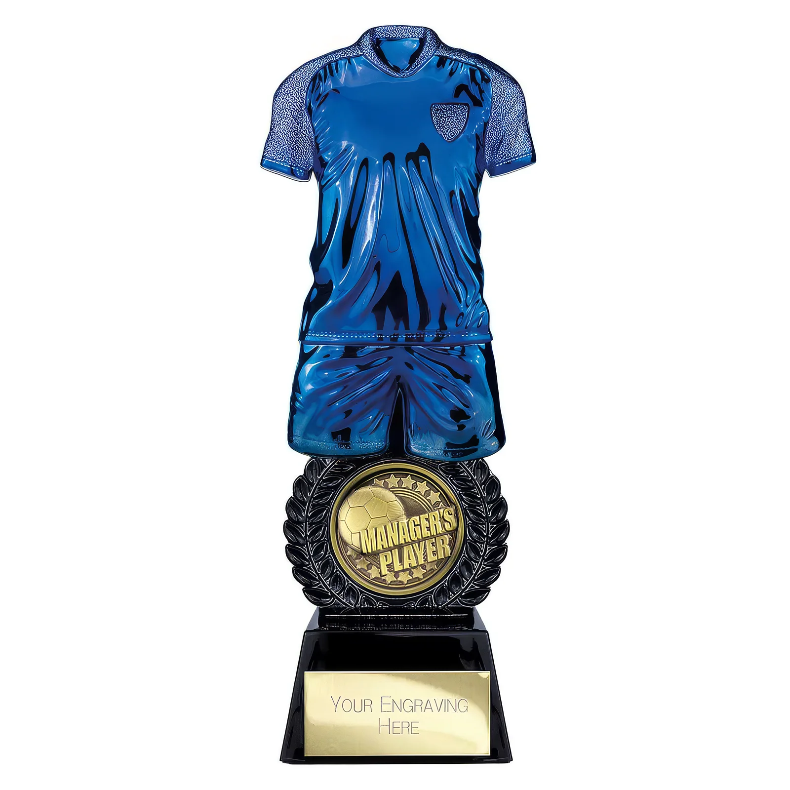 PU25051A Intensity Football Managers Player Award Blue & Carbon Black 260mm - Image 1