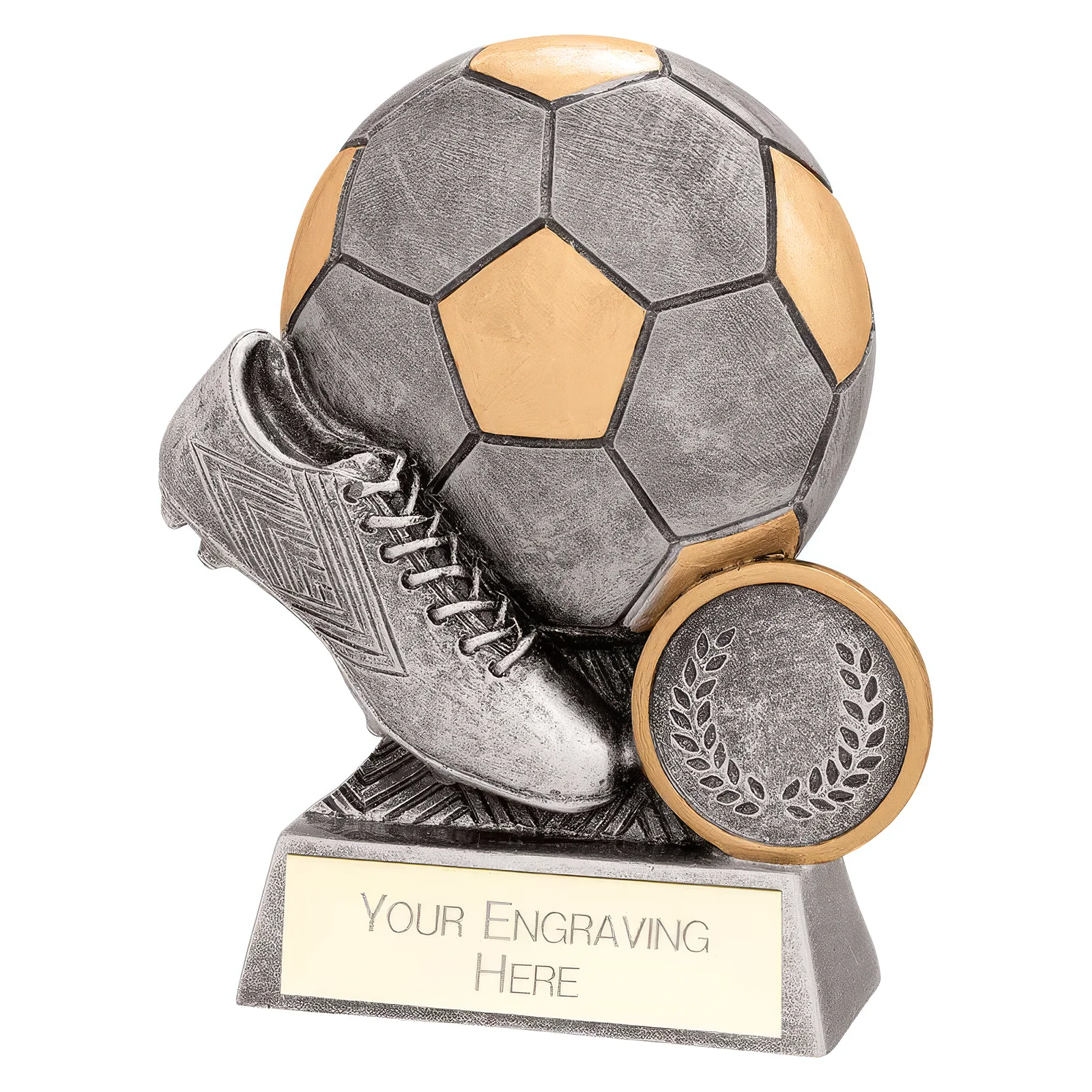 RF24054A Exodus Football Boot & Ball Award Antique Gold & Silver 100mm - Image 1