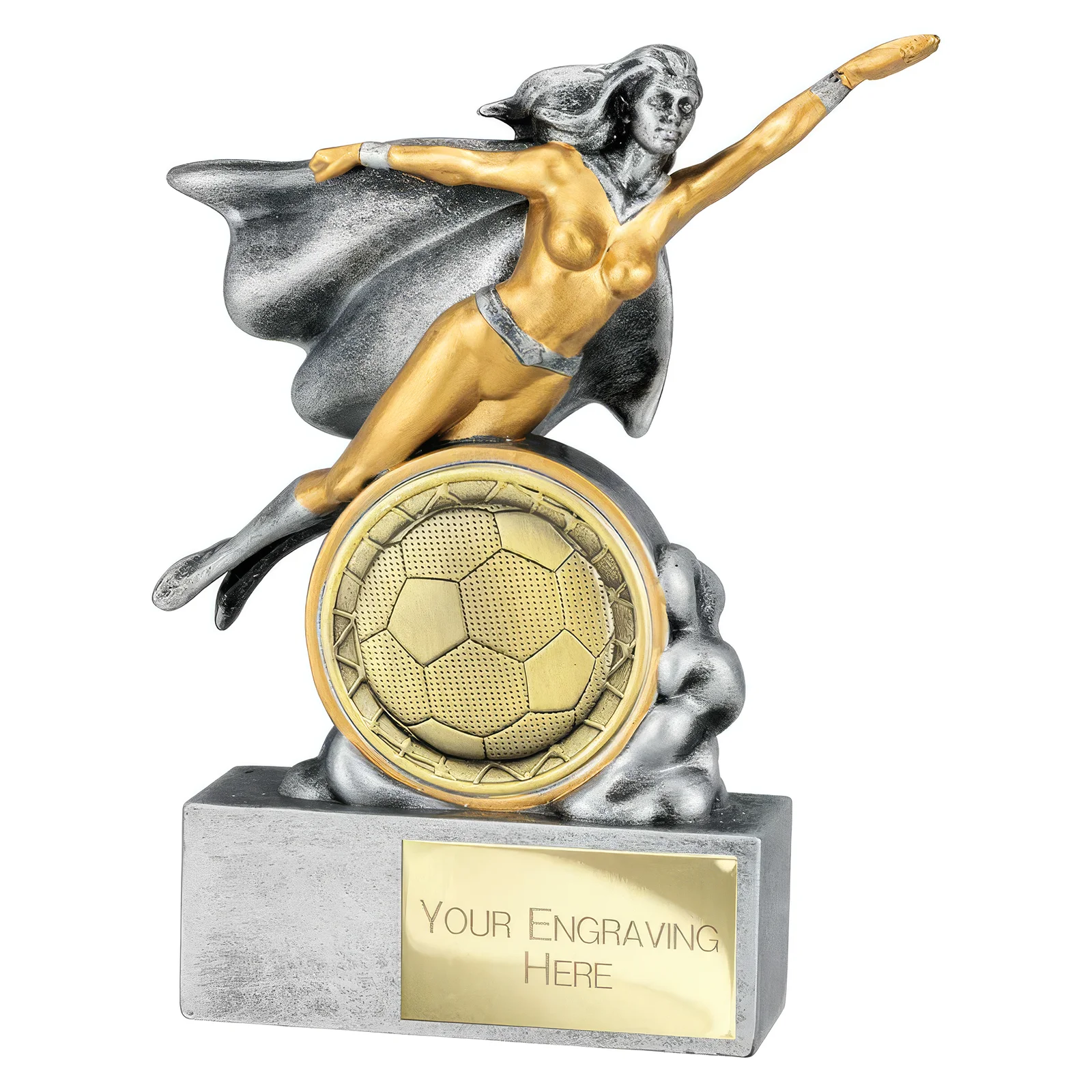 RF25052A Hero Female Football Award Antique Silver 140mm - Image 1