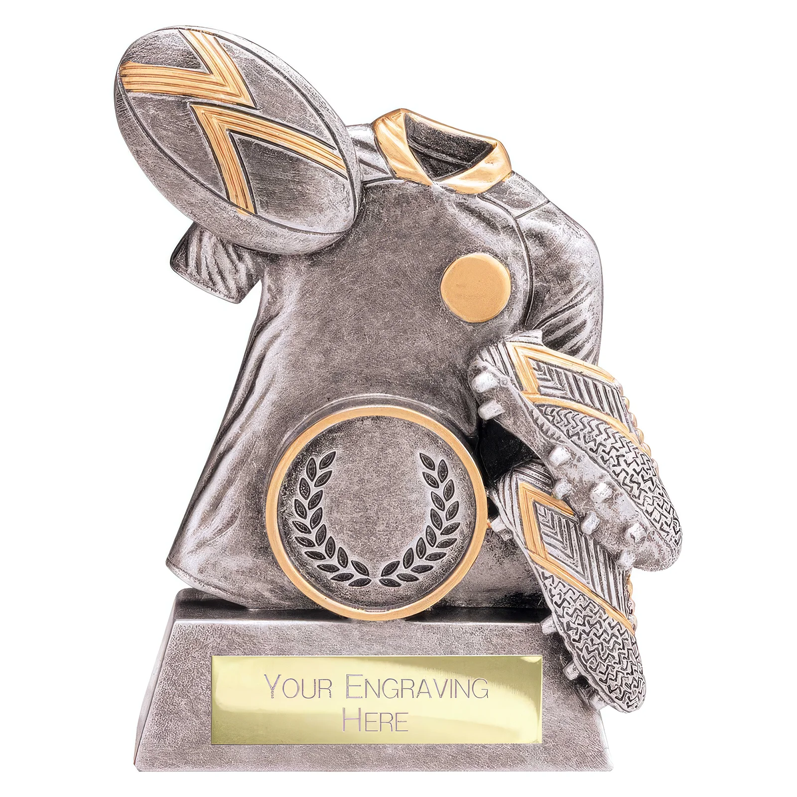 RF25105A Spirit Rugby Resin Award Antique Silver & Gold 100mm - Image 1