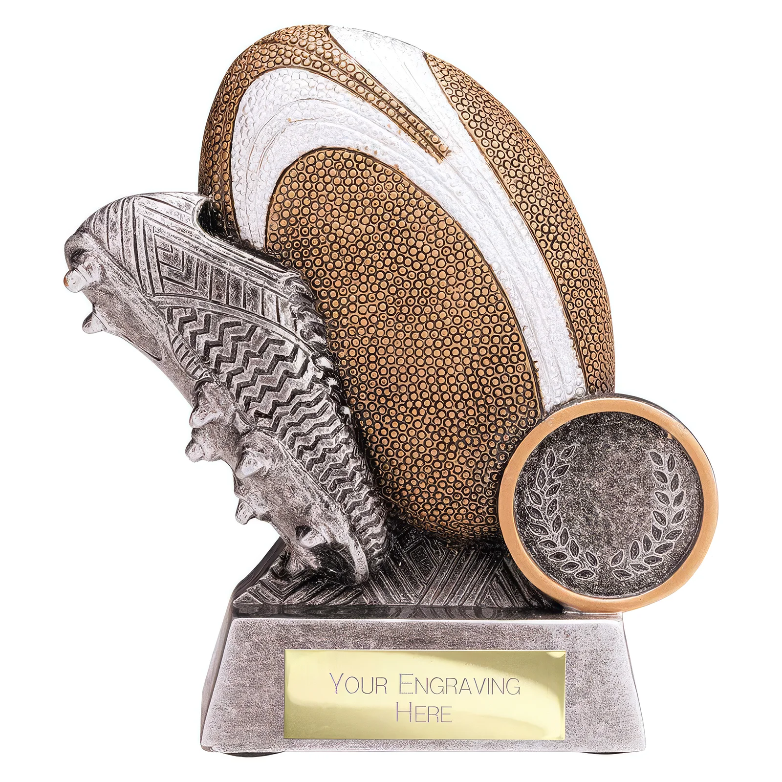RF25125A Exodus Rugby Boot & Ball Award Antique Gold & Silver 105mm - Image 1