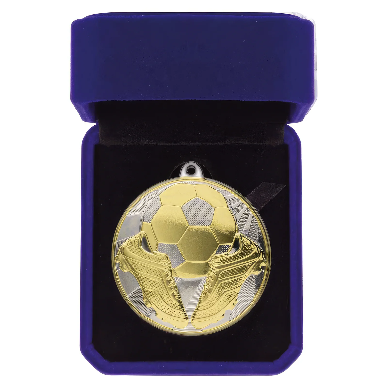 MB25669A.webp Premiership Football Medal Box Gold & Silver 60mm - Image 1