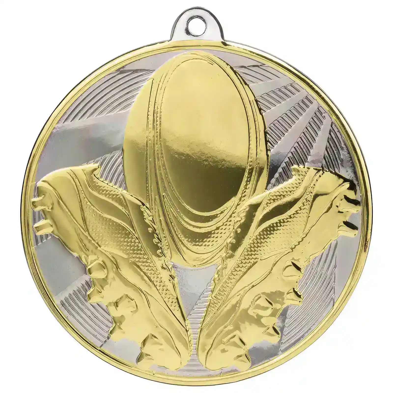 MM24267A.webp Premiership Rugby Boot & Ball Medal Gold & Silver 60mm - Image 1