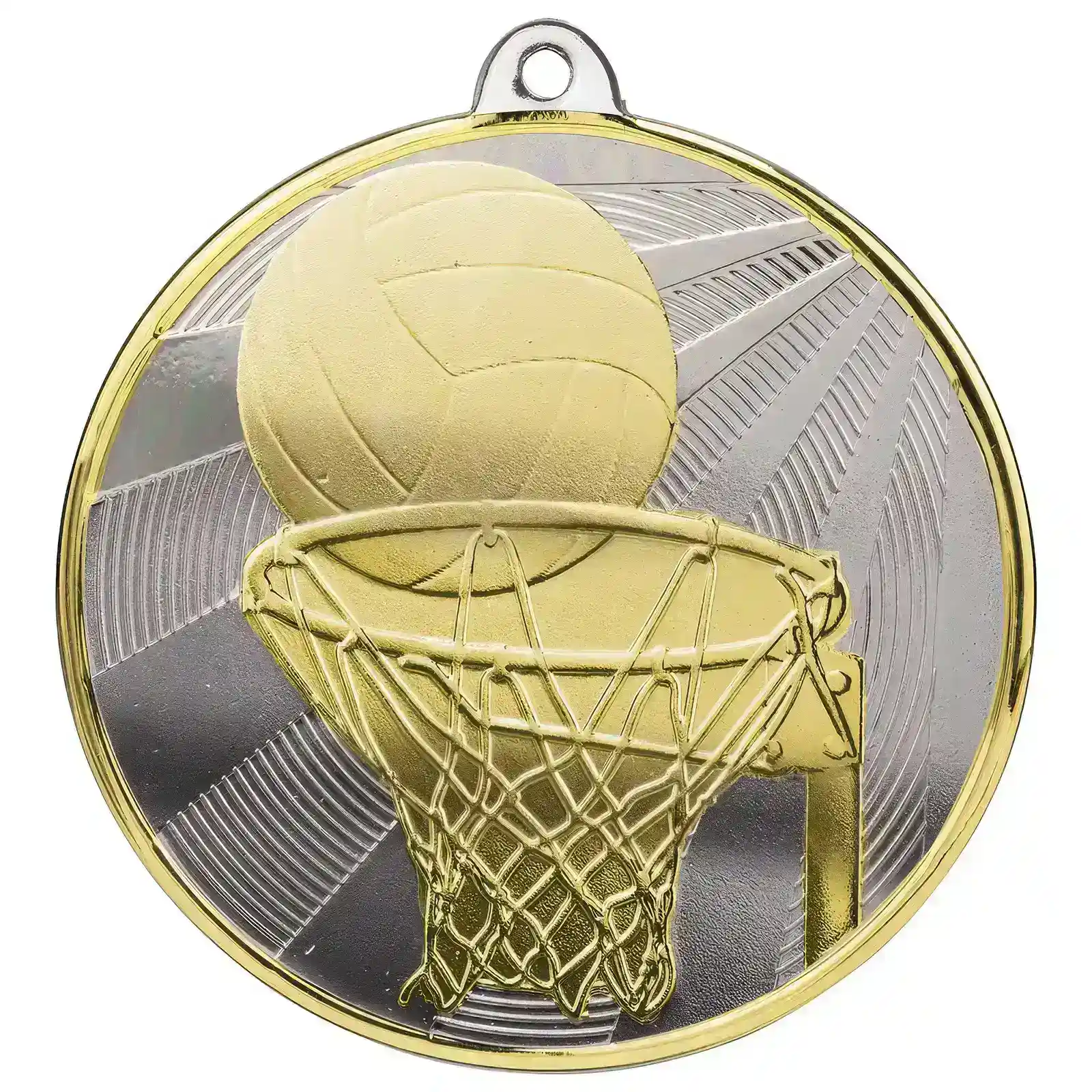 MM24275A.webp Premiership Netball Medal Gold & Silver 60mm - Image 1