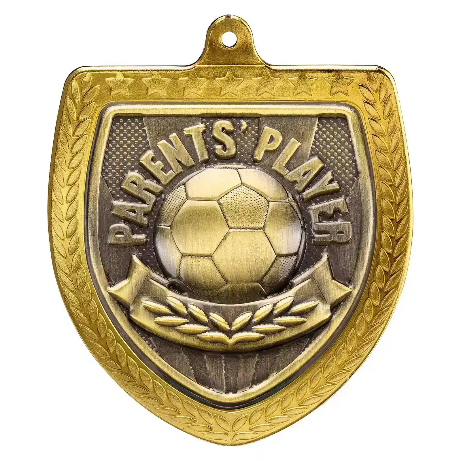 MM25108G.webp Cobra Football Parents Player Shield Medal Gold 75mm - Image 1