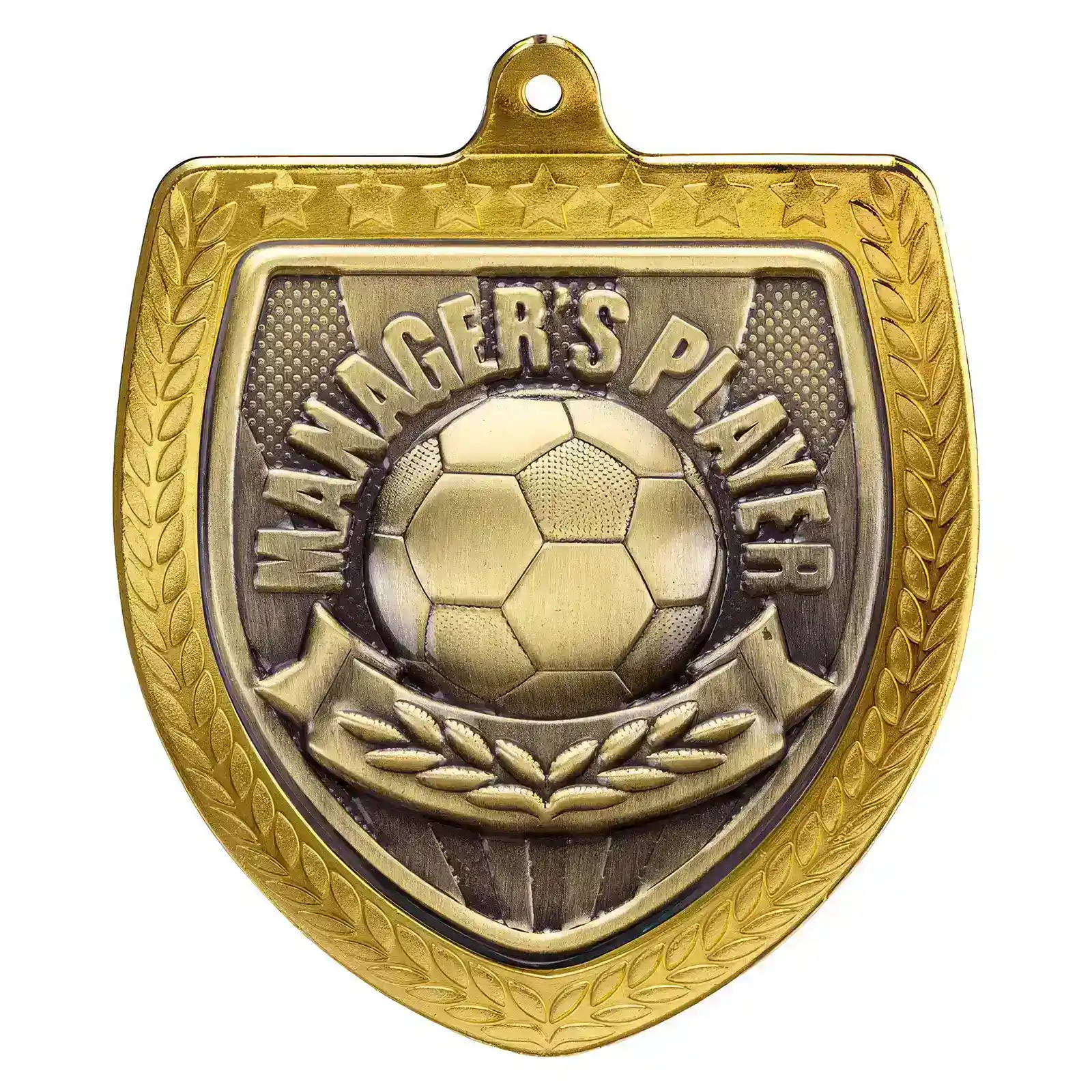 MM25109G.webp Cobra Football Managers Player Shield Medal Gold 75mm - Image 1