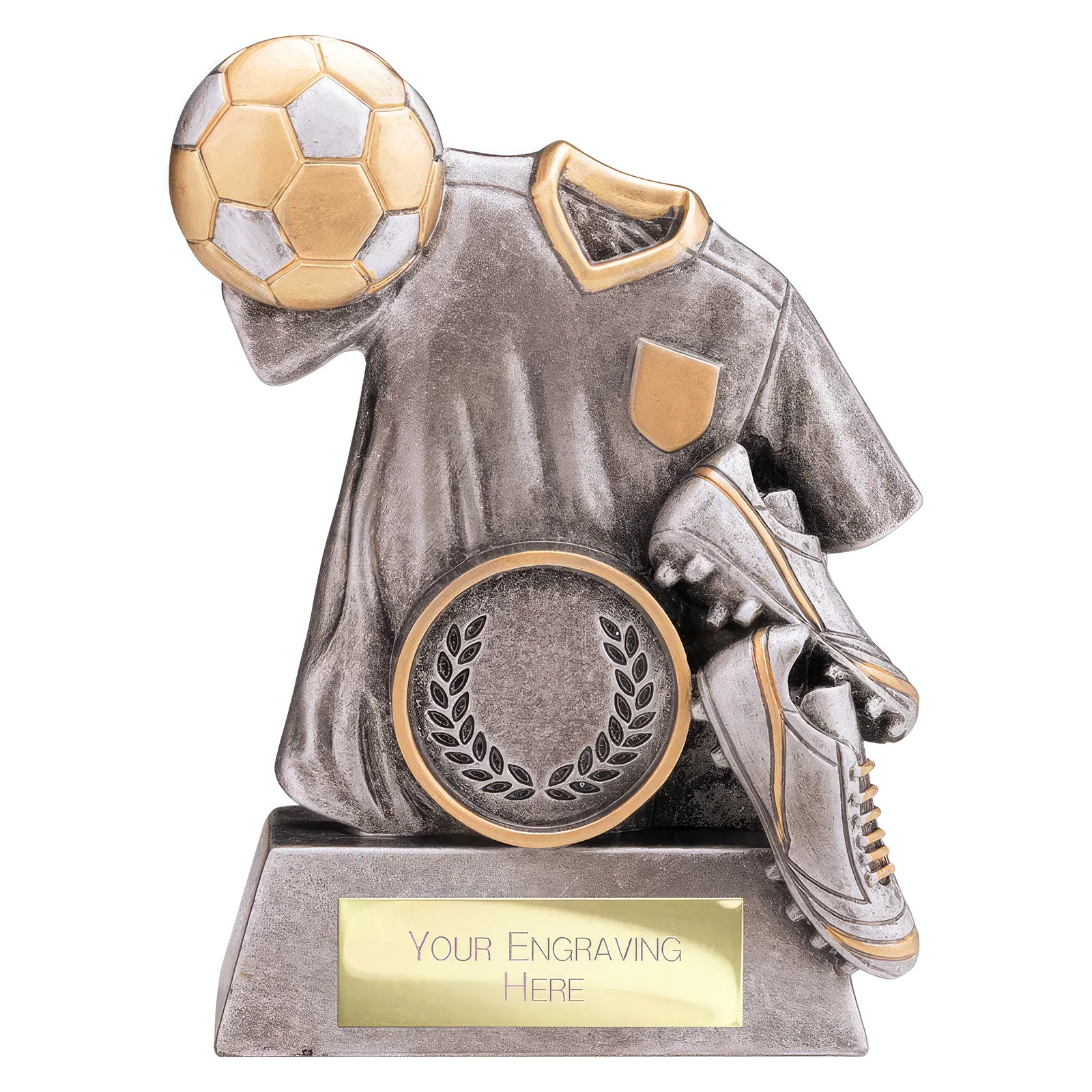 RF25104A.webp Spirit Football Resin Award Antique Silver & Gold 100mm - Image 1